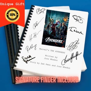 May include: A spiral-bound script for the film Marvel's The Avengers, featuring a central movie poster image, printed text credits for Joss Whedon and Zak Penn, and multiple black ink signatures surrounding the central graphic on white paper.