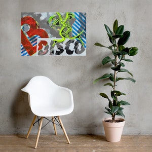 May include: Abstract art print featuring two faces with a red heart and the word "Disco" in white letters.