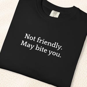 以下が含まれることがあります： クルーネックの黒い半袖Tシャツ。シャツの前面には「Not friendly. May bite you.」という白いテキストがプリントされています。衣類には、Comfort Colorsというブランド名が記載された小さな内側のネックラベルが付いています。