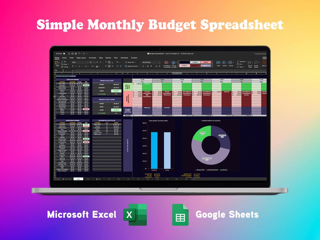 Simple Monthly Budget Spreadsheet | Excel & Google Sheets Budget ...