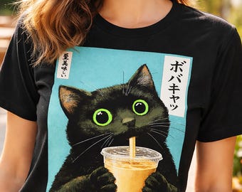 Funny Boba Cat T-Shirt, Retro Japanese Poster Style Cat Tee, Bubble Tea Lover Gift