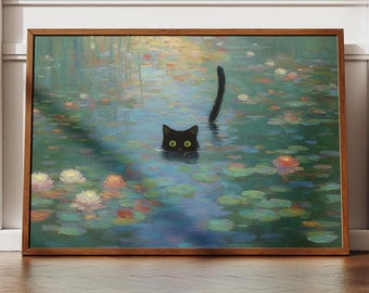 Black Cat Lily Pond Art Print, Impressionist Painting, Digital Download