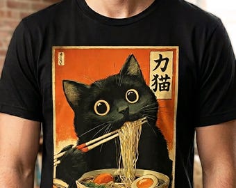 Funny Ramen Cat T-Shirt, Japanese Retro Poster Style Tee, Cat Lover Gift