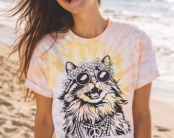 Tie Dye Cat Shirt, Retro Peace Sign Graphic Tee, Boho Festival Cat Lover Apparel