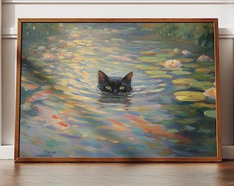 Black Cat Koi Pond Art Print, Impressionist Painting, Digital Download