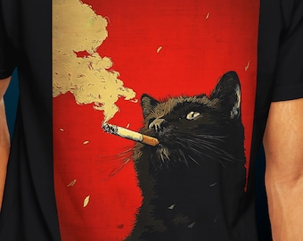 Black Cat Smoking T Shirt, Vintage Poster Style Graphic Tee, Cat Lover Gift