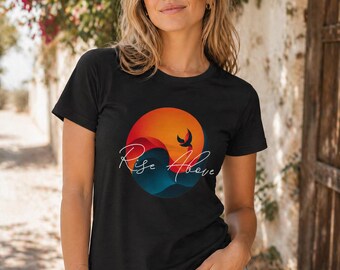 Rise Above Graphic Tee, Minimalist Mountain Bird Shirt, Yin Yang Inspired Nature T-Shirt, Inspirational Mindfulness Gift