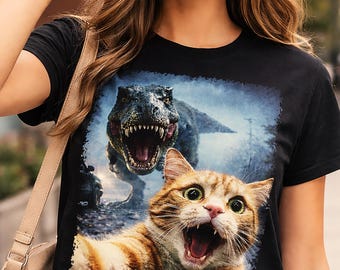 Funny Cat Selfie T-Shirt, Dinosaur T-Rex Cat Tee, Cat Lover Gift