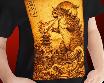 Monster Cat T-Shirt, Kaiju Japanese Poster Style Graphic Tee