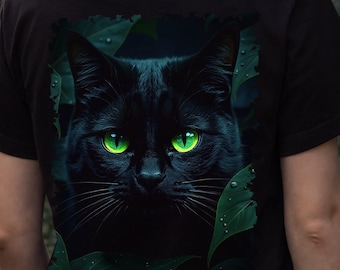 Black Cat Forest T-Shirt, Emerald Eyes Back Print, Nature Graphic Tee, Cat Lover Gift