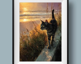 Tabby Cat Wall Art, Beach Sunset Print, Coastal Decor, Cat Lover Gift, Digital Download
