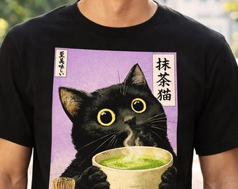 Matcha Cat T-Shirt, Retro Japanese Poster Style, Black Cat Tee, Comfort Colors 1717