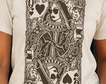 Queen of Hearts Playing Card T-Shirt, Hand-Inked Vintage Ace Graphic Tee