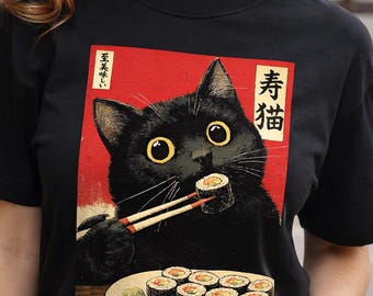 Sushi Cat T-Shirt, Retro Japanese Poster Style, Black Cat Tee, Comfort Colors 1717