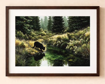 Black Cat Wall Art, Woodland Cabin Decor, Nature Print, Cat Lover Gift, Digital Download
