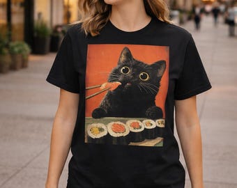 Black Cat Eating Sushi T-Shirt, Cat Illustration Tee