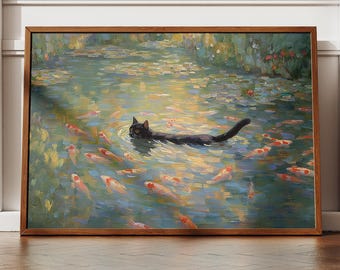 Black Cat Koi Pond Art Print, Impressionist Painting, Japanese Garden Wall Art, Digital Download