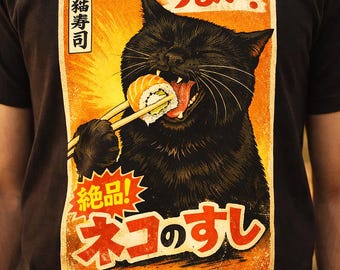 Funny Sushi Cat Shirt, Retro Japanese Poster Tee, Black Cat Graphic T-Shirt