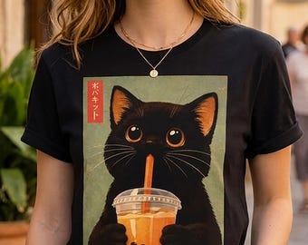 Black Cat Boba Tea T-Shirt, Retro Bubble Tea Graphic Tee