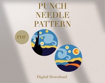 Nuit étoilée Van Gogh Mug Tapis Punch Needle Modèle PDF pour débutants Téléchargement instantané Punch Needle Design Motif SVG Modèle Punch Needle