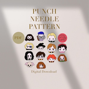 May include: A digital download PDF pattern for punch needle embroidery featuring 15 different Harry Potter characters. The characters are illustrated in a cute, chibi style. The characters include Harry Potter, Ron Weasley, Hermione Granger, Draco Malfoy, and more. The pattern is perfect for creating fun and unique Harry Potter themed crafts.