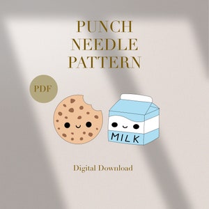 May include: A digital download PDF pattern for a punch needle embroidery project featuring a cartoon cookie and a carton of milk. The cookie and milk carton have cute faces.