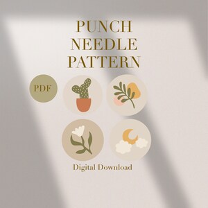 以下が含まれることがあります： サボテン、葉のついた枝、花、三日月と雲の4つの異なるデザインを特徴とするパンチニードルパターンのデジタルダウンロード。画像には「Punch Needle Pattern」と「PDF」のテキストも含まれています。
