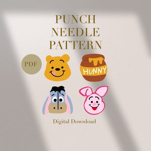 Op de afbeelding: Een digitaal downloadbaar PDF-patroon voor punch needle borduurwerk met Winnie de Poeh, Biggetje, Eeyore en een honingpot. Het patroon bevat de tekst "Punch Needle Pattern" en "Hunny".