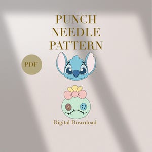 May include: A digital punch needle pattern featuring a blue cartoon character with large ears and a green doll with a flower bow. The text "PUNCH NEEDLE PATTERN" and "Digital Download" are displayed.