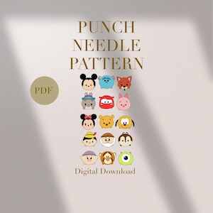 May include: A digital PDF punch needle pattern featuring colorful cartoon character designs. The text "PUNCH NEEDLE PATTERN" is displayed in gold, along with "PDF" and "Digital Download". The characters include Mickey Mouse, Sully, and Winnie the Pooh.