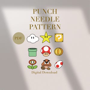 Può includere: Un modello di ricamo a punto punzonato scaricabile digitalmente con icone di cartoni animati, tra cui una nuvola, una stella, un blocco punto interrogativo, un fungo e una moneta. Il testo "PUNCH NEEDLE PATTERN" è in alto, con "PDF" e "Digital Download".