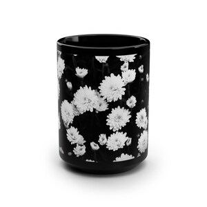 Chrysanthemum Flower Large Black Mug, 15oz Black and White Photo