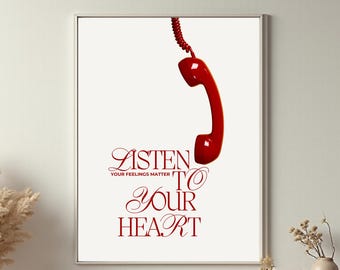 Arte murale con telefono retrò: ascolta il tuo cuore, stampabile e motivazionale (download digitale)