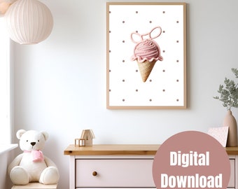 Ice cream print, nursery wall art, girl nursery print, kids bedroom art, girl wall art, pink print, playroom art, printable, polka dot print