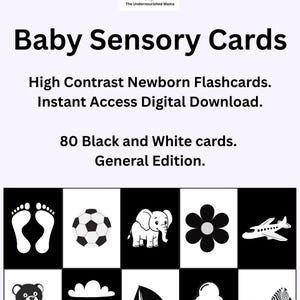 Tarjetas de contraste para recién nacidos - Tarjetas sensoriales para bebés en blanco y negro - Tarjetas didácticas de alto contraste para el desarrollo cerebral infantil - 80 tarjetas en formato PDF imprimible