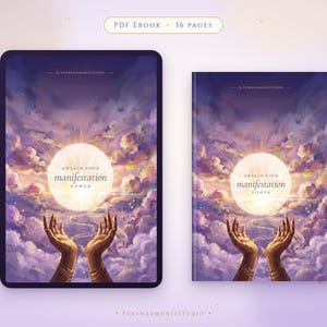 May include: A 36-page PDF ebook titled Awaken Your Manifestation Power, featuring an illustration of two hands reaching toward a glowing sun amidst purple clouds. The cover art displays the text Awaken Your Manifestation Power and PureHarmonyStudio.