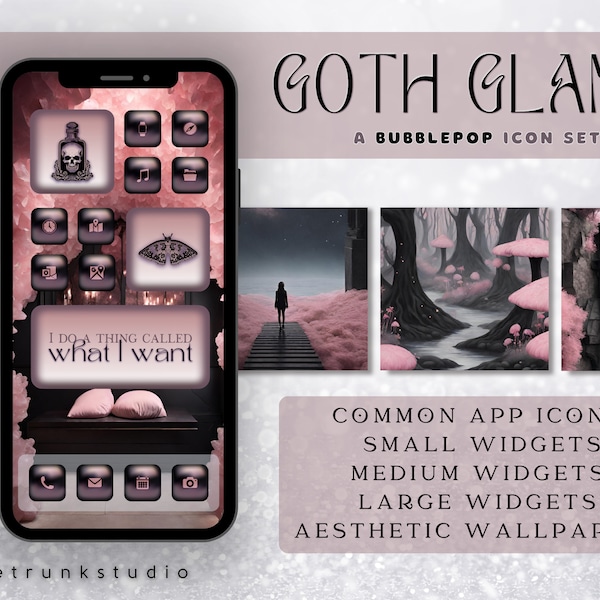 Black and Pink iPhone Icons, Gothic iPhone Theme Pack, Victorian Aesthetic Phone Layout, Dark Romance App Covers, Widgets, & Wallpapers