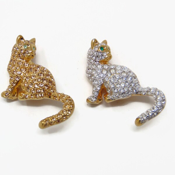 Signed Swarovski Pair Cat Crystal Brooches Swan Hallmark Pave Stones