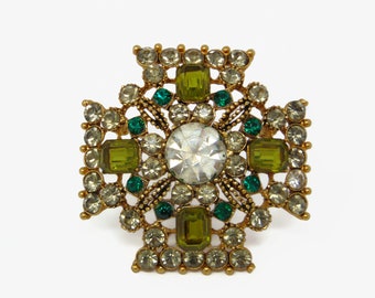 Vintage Signed CAPRI Large Rhinestone Brooch Green Rhinestones