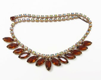 Vintage Cognac Brown AB Rhinestone Necklace 15 Inch Choker