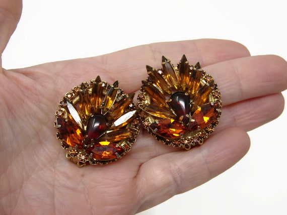 HUGE Vintage Orange Rhinestone Clip On Earrings W… - image 3