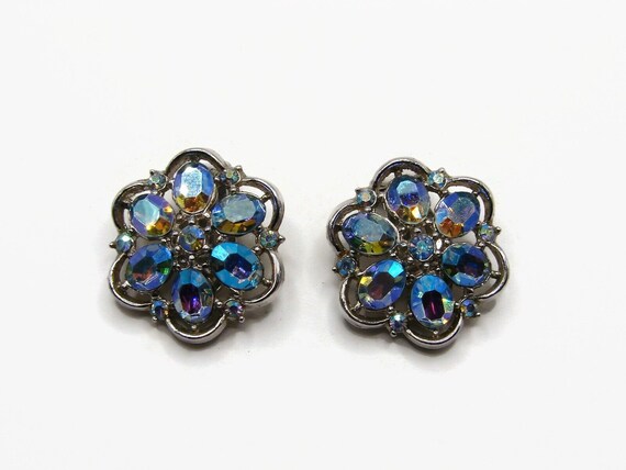 TRIFARI Vintage Blue AB Rhinestone Earrings Clip … - image 2