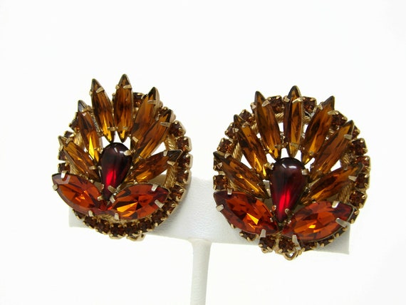 HUGE Vintage Orange Rhinestone Clip On Earrings W… - image 2