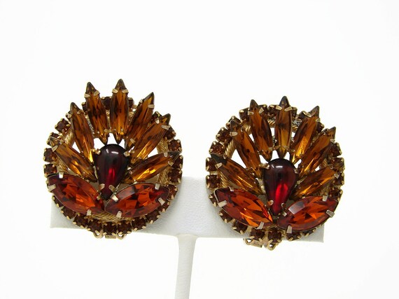 HUGE Vintage Orange Rhinestone Clip On Earrings W… - image 1