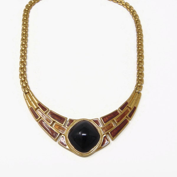 Vintage Trifari Black Cabochon Brown Enamel Gold Tone Necklace