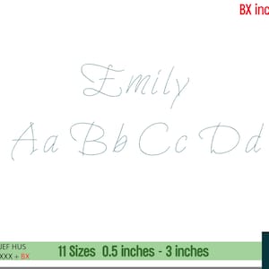 May include: A digital design featuring the name "Emily" in cursive script, along with the letters Aa, Bb, Cc, and Dd. The design is in a teal color on a white background. The text "11 Sizes 0.5 inches - 3 inches" is also included.