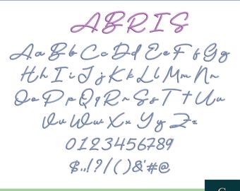Police de caractères à broder, alphabet cursif au point bourdon (pes, dst, jef, bx)