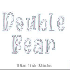 May include: A white background features the words "Double Bear" in a teal and red stitched font. The text is accompanied by file type abbreviations and size details, ranging from 1 to 3.5 inches.