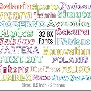 May include: A colourful image showcasing 32 different font styles, including Gelarin, Apario, Kindeon, Visaro, Jasorin, Simato, Moderno, Avocados, Moks, Sacura, Sabine, Fabiano, Vartexa, Monovation, Foxtrot, Polaris, Antoria, Delins, Felixo, Luminex, Nexo, and NewBorn. The fonts are displayed in various sizes ranging from 0.5 to 3 inches.