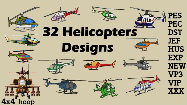 Helicopter Embroidery Designs: 4x4 Hoop, 30+ Formats (digital Download ...